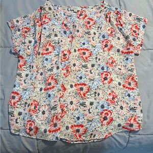 LOFT Floral Print Blouse in Red, Blue, and White